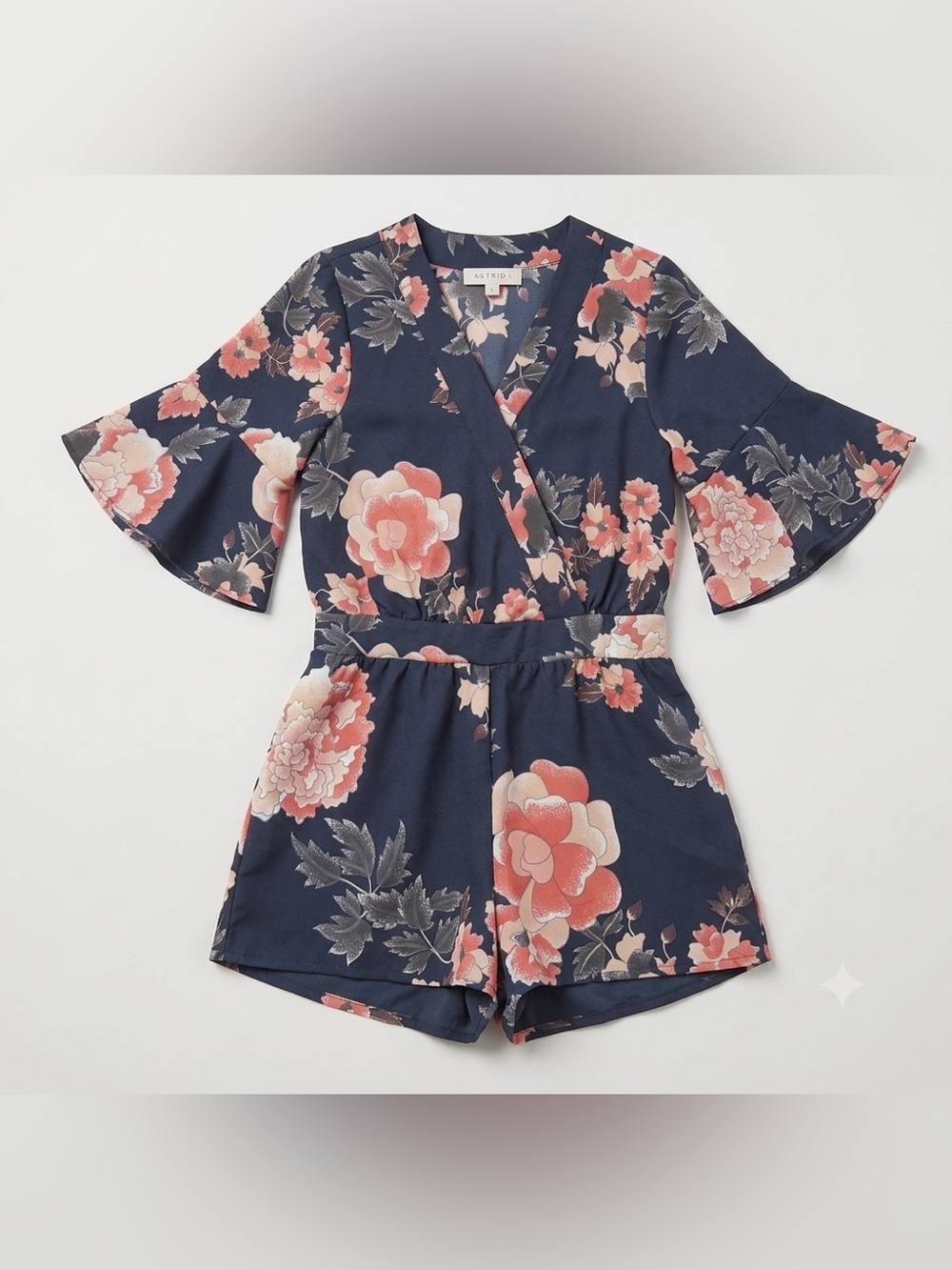 Vera Moda Dark Blue and Pink Floral Romper with Ruffled Arms - Size XS